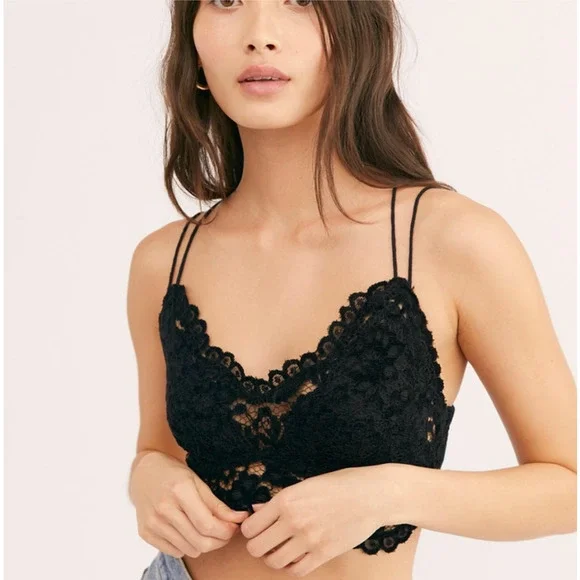 FREE PEOPLE ONE Celine Lace Bralette Womens Small Black Strappy Flocked Velvet - Picture 3 of 15